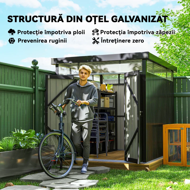 Outsunny Căsuță de Grădină cu Luminator Superior din Acril și Orificii de Drenaj, 200x258x201 cm, Gri Închis(m-4)