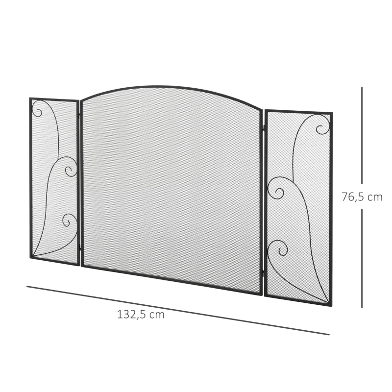 HOMCOM Frente para Lareira de 3 Painéis Dobrável com Dobradiças Estrutura Metálica e Malha Decorativa 132,5x76,5cm Preto