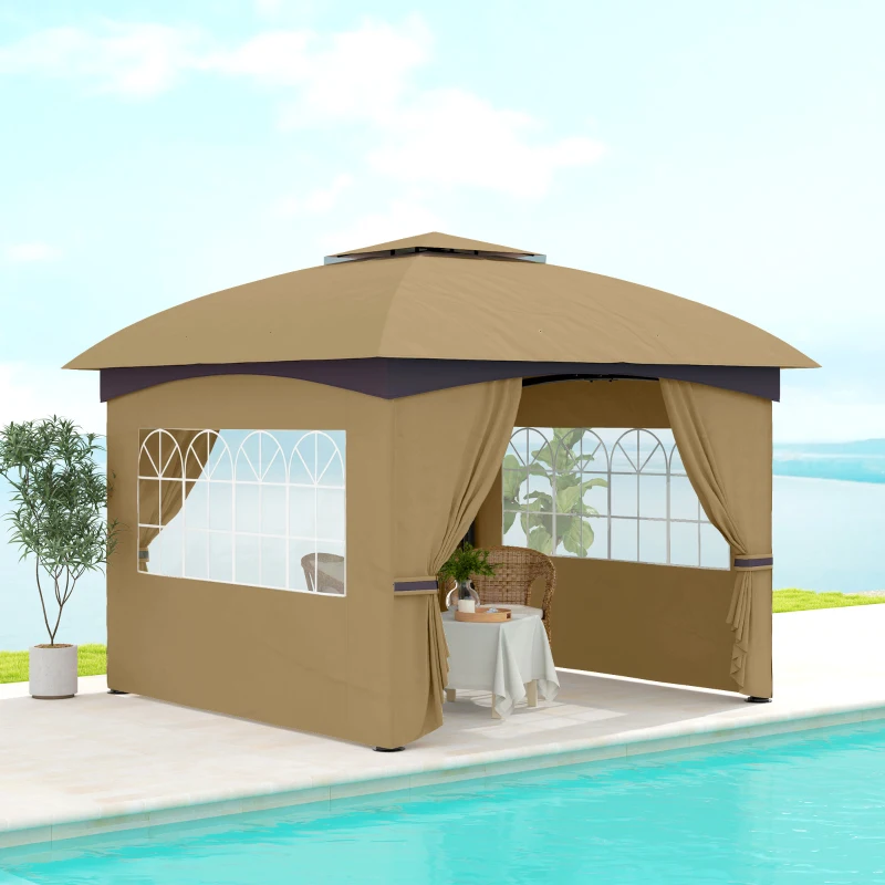 Outsunny 3,4 x 3,4 m Tuinpaviljoen, Feesttent met Ventilatiedak, Boogvensters, Stalen Frame, Beige