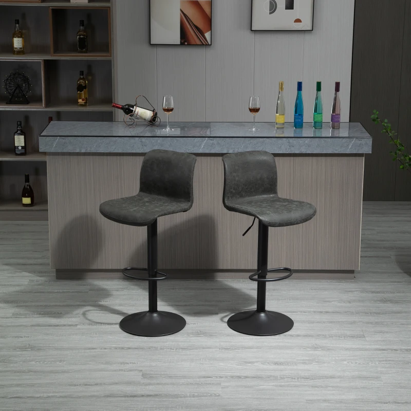 HOMCOM Set of 2 Bar Stool, Adjustable Height PU Leather Barstools with Swivel Seat and Footrest for Breakfast Bar, Kitchen and Home, Grey