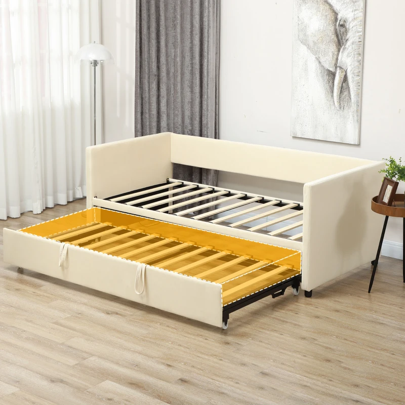 HOMCOM Cama Individual Dupla 2 em 1 Estofada em Veludo e Cama Inferior Extraível com Rodas para Colchões de 90x190 cm Creme