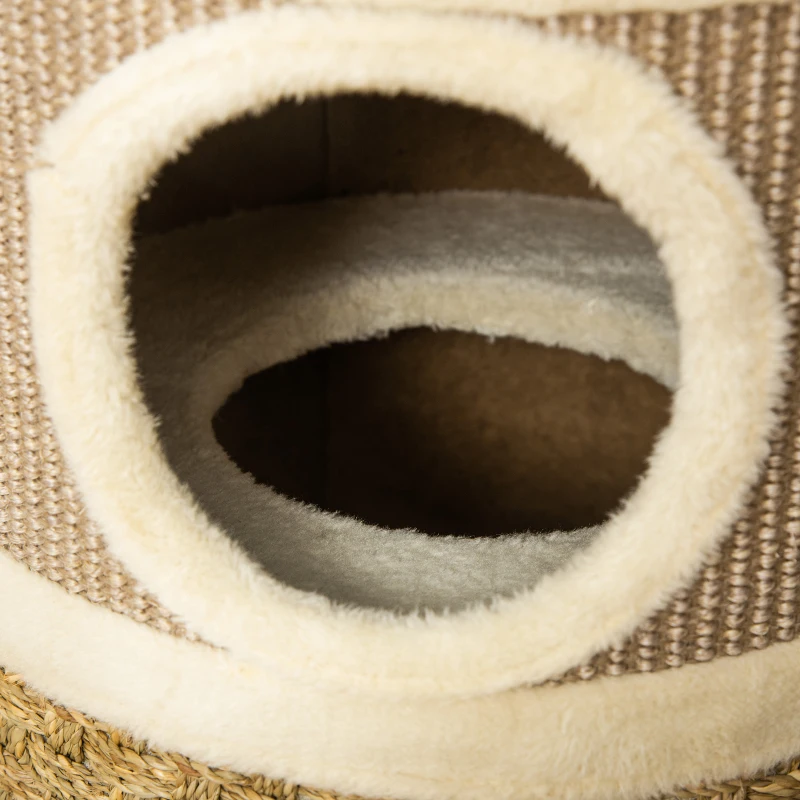 PawHut Arranhador em Forma de Cilindro para Gatos com 3 Níveis Plataforma e Caverna Confortável 37,5x37,5x70 cm Marrom Claro e Bege