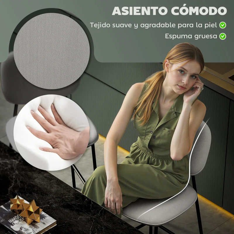 HOMCOM Conjunto de 2 Taburetes de Bar con Respaldo Tapizado Aterciopelado y Estructura de Acero 45x49x102 cm Gris Claro