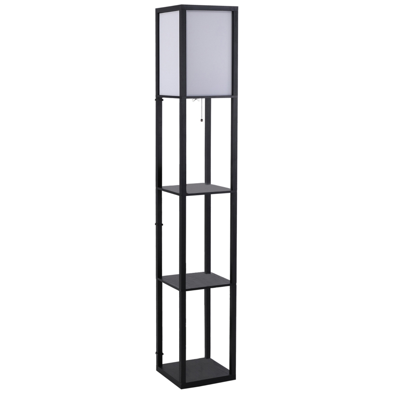 HOMCOM Candeeiro de Pé de Madeira com 3 Prateleiras De Armazenamento para Lâmpada E27 Potência Máx. 40W Candeeiro Moderno para Sala de Estar Dormitório 26x26x160cm Preto