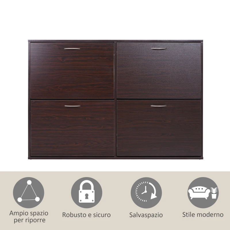 HOMCOM Scarpiera Salvaspazio da 24 Paia con Mensole Regolabili e 4 Cassetti, in Legno, 120x24x81cm, Marrone
