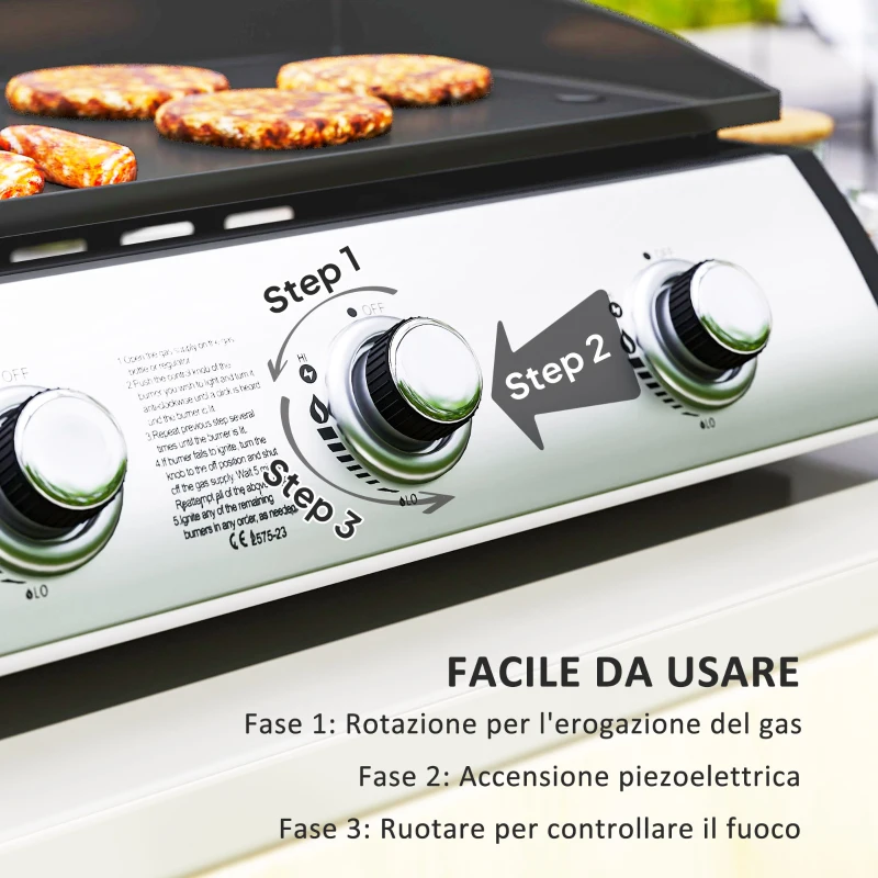 Outsunny Piastra a Gas in Acciaio Smaltato con 3 Bruciatori Potenza 7.5kW, 3 Zone di Cottura e Coperchio, Nero