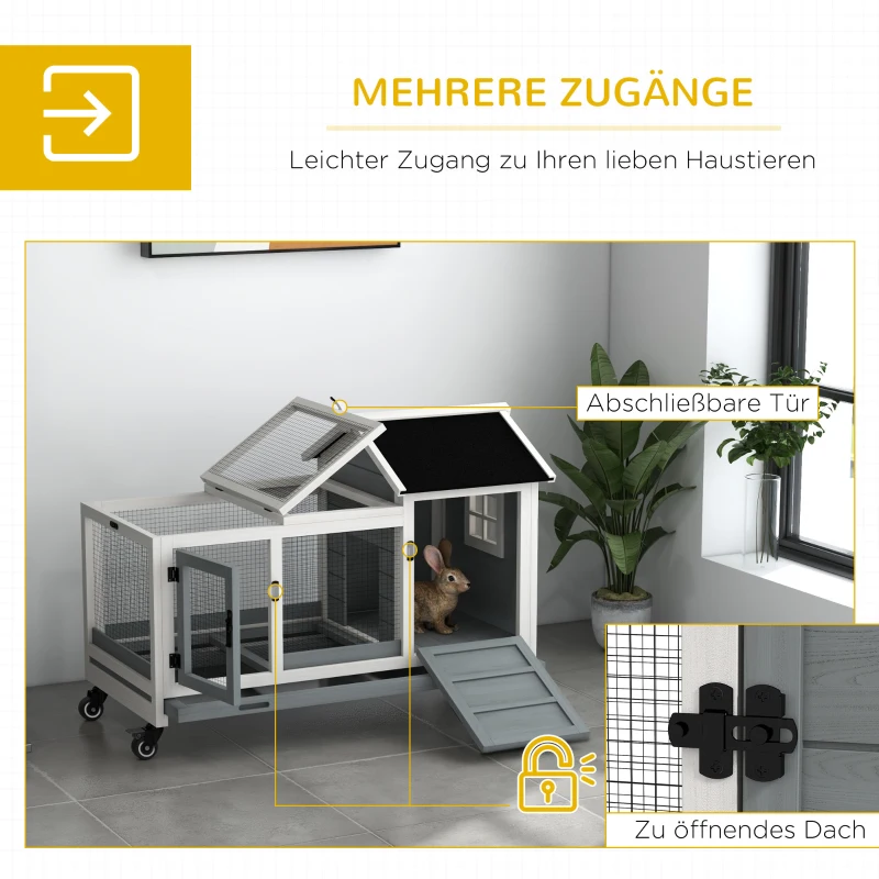 PawHut Kleintierstall für Zwergkaninchen, Meerschweinchen, mit Rädern, 108 x 58 x 73,5 cm, Grau(m-5)