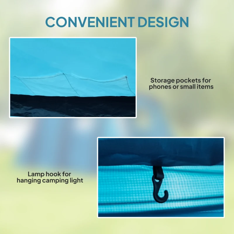 Outsunny Inflatable 3-4 Man Tunnel Tent w/ Air Pump, Living Area & Vestibule, Waterproof Family Camping Air Tent w/ Sewn In Groundsheet & Removable Footprint for Camping, Hiking, Blue