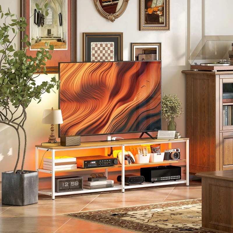 HOMCOM Móvel de TV com Luzes LED Controlo Remoto Extensão e 2 Compartimentos Móvel para Televisores de até 65 Polegadas 159x29x46,5 cm Madeira