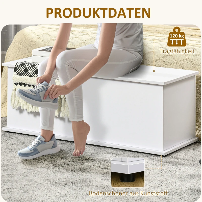 HOMCOM Truhe Aufbewahrungsbox Sitztruhe mit Stauraum Sicherheitsscharniere Holzkiste mit klappbarem Deckel für Wohnzimmer, Schlafzimmer, Spanplatte Weiß 100 x 40 x 40cm