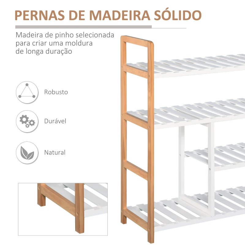 HOMCOM Sapateira multiuso com 4 níveis Máximo 11 pares com compartimento para botas altas Prateleira para sapatos Madeira maciça de pinho 68x26x78 cm Branco