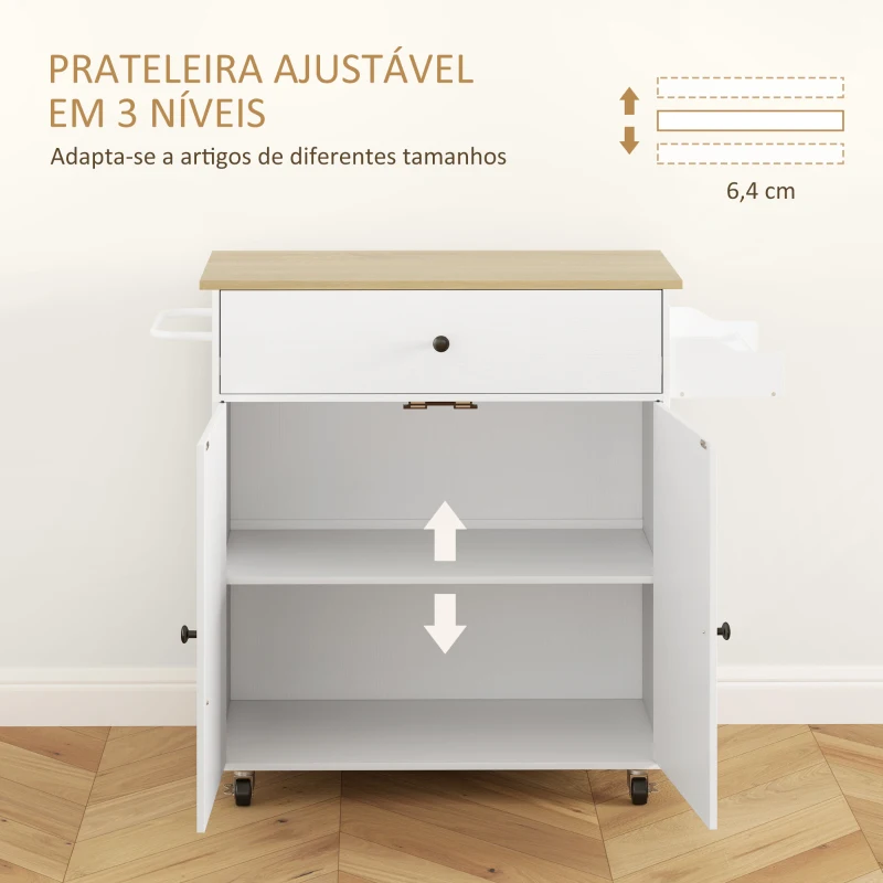 HOMCOM Ilha de Cozinha com Rodas com Lateral Dobrável Gaveta Suporte para Temperos e Prateleira Ajustável 106x42x87 cm Branco e Carvalho