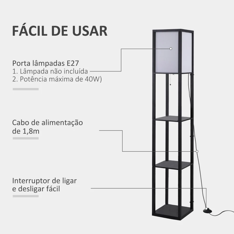 HOMCOM Candeeiro de Pé de Madeira com 3 Prateleiras De Armazenamento para Lâmpada E27 Potência Máx. 40W Candeeiro Moderno para Sala de Estar Dormitório 26x26x160cm Preto