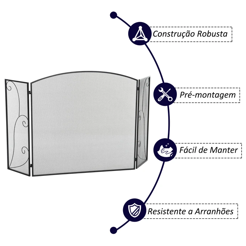 HOMCOM Frente para Lareira de 3 Painéis Dobrável com Dobradiças Estrutura Metálica e Malha Decorativa 132,5x76,5cm Preto