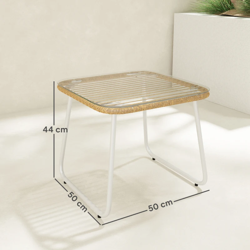 Outsunny Mesa de Jardín de Ratán Sintético con Encimera de Vidrio Templado y Patas Ajustables para Exterior 50x50x44 cm Natural