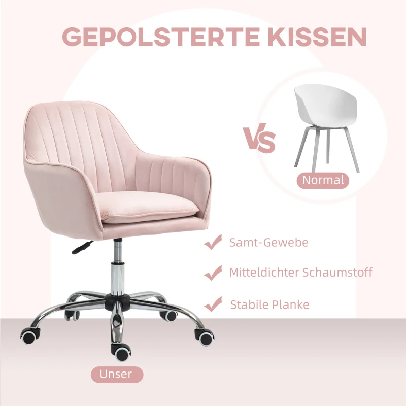 HOMCOM Verstelbare en Draaibare Bureaustoel met Rug- en Armleuning in Roze Fluweel(m-4)