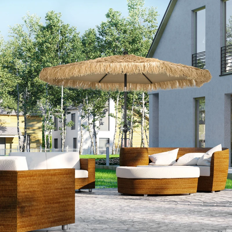 Outsunny Umbrela pentru gradina cu paie, umbrela rotunda stil Hawai cu manivela, Ø265x250cm, kaki