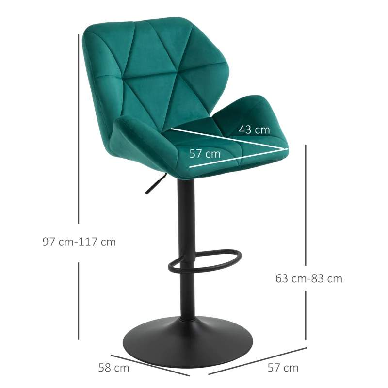 HOMCOM Bar Stools Set of 2, Swivel Velvet-feel Barstools with Wide Seat, Adjustable Height and Footrest, Breakfast Bar Chairs for Kitchen, Dining Room, Green