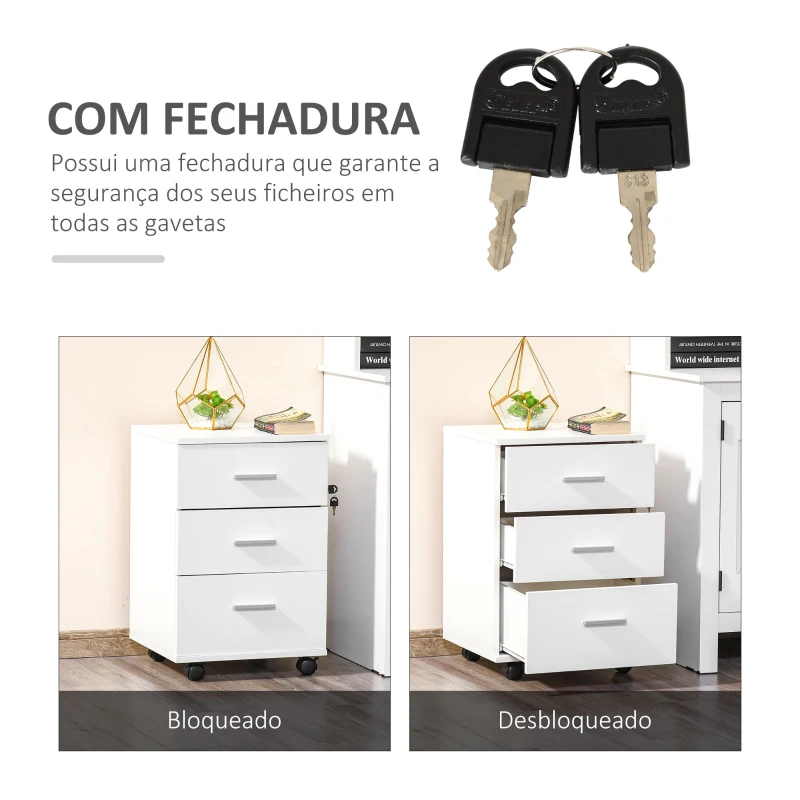 Vinsetto Bloco de Gavetas para Escritório Móvel de Arquivos com 3 Gavetas e Fechadura para Secretária Casa 40x40x61,5 cm Branco