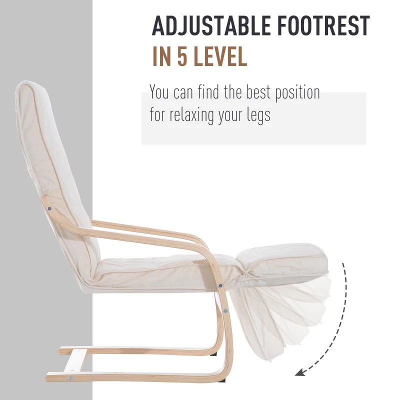 HOMCOM Wooden Armchair, Upholstered Linen Lounge Chair with Adjustable Footrest & Removable Cushion, Poang Chair for Living Room, Cream White