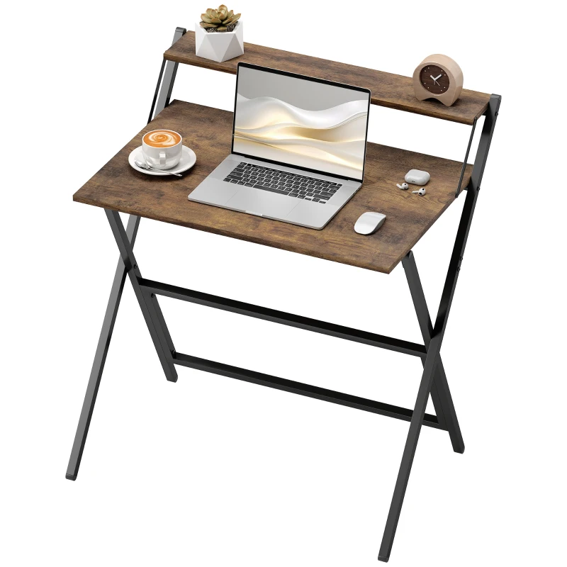 HOMCOM 81.5 cm Folding Computer Desk with Monitor Shelf - Rustic Brown