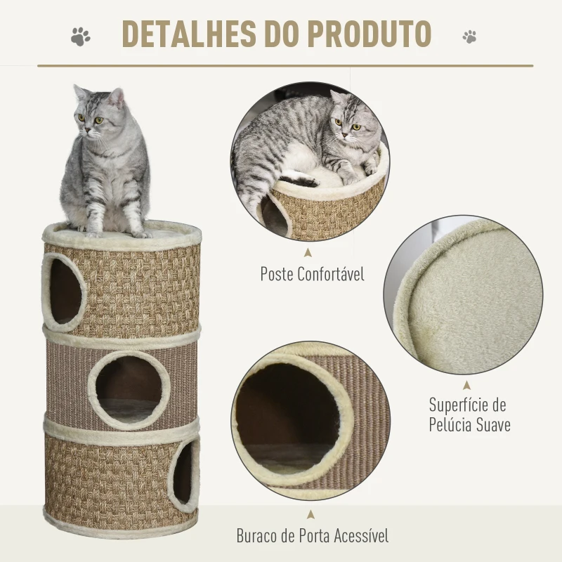 PawHut Arranhador em Forma de Cilindro para Gatos com 3 Níveis Plataforma e Caverna Confortável 37,5x37,5x70 cm Marrom Claro e Bege