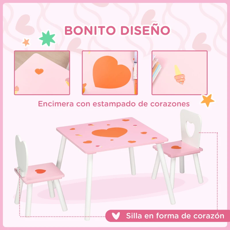 ZONEKIZ Juego de Mesa y 2 Sillas Infantiles de Madera para +18 Meses Estampado Corazones 68x68x47 cm y 30x30x51 cm Rosa