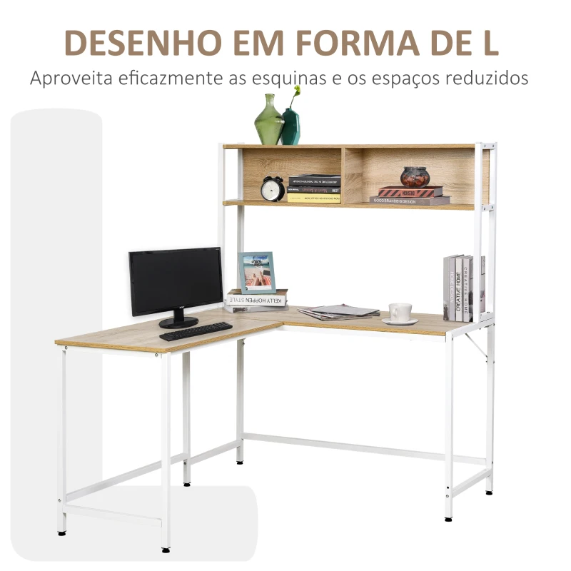 HOMCOM Secretária em Forma de L Multifuncional Secretária para Escritório ou Estúdio com Prateleiras Altas Amplo Espaço Estilo Minimalista 140x125x149cm Madeira e Branco