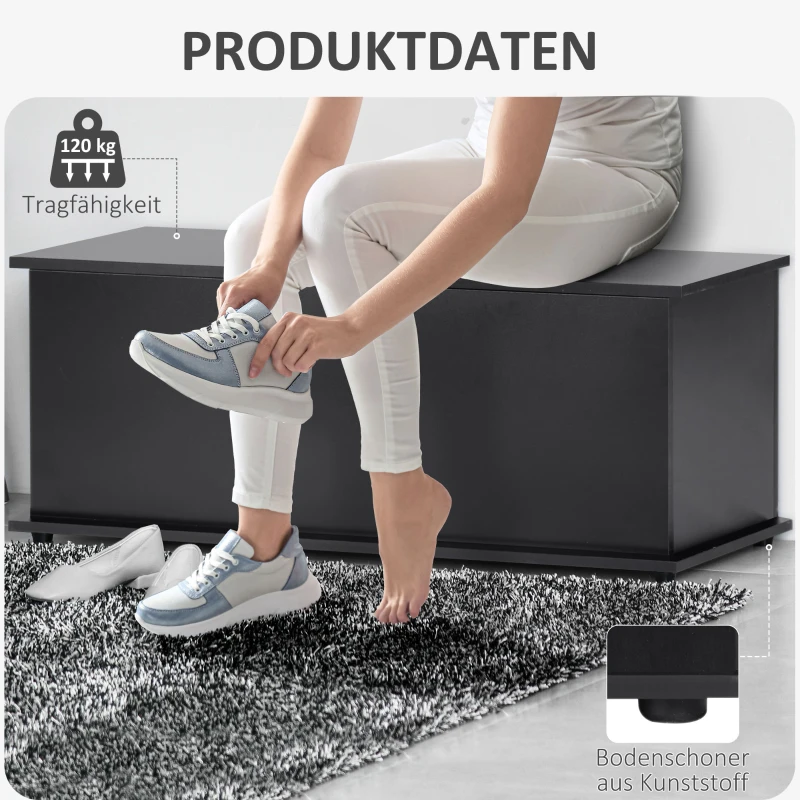 HOMCOM Truhe Aufbewahrungsbox Sitztruhe mit Stauraum Sicherheitsscharniere Holzkiste mit klappbarem Deckel für Wohnzimmer, Schlafzimmer, Spanplatte Schwarz 100 x 40 x 40cm