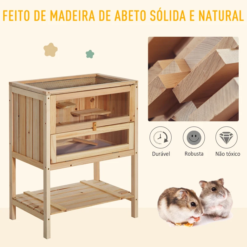 PawHut Gaiola de madeira para hamster com 5 plataformas, rampa dobrável, janela de plexiglass e prateleira inferior 60x40x80 cm