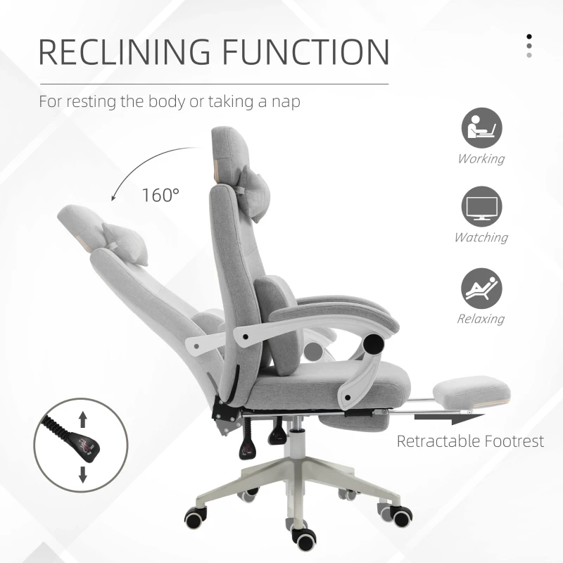Vinsetto Office Chair, Ergonomic Desk Chair, High Back Fabric Work Chair with 160° Reclining Backrest, Retractable Footrest, Neck and Lumbar Pillow for Home and Study, Grey