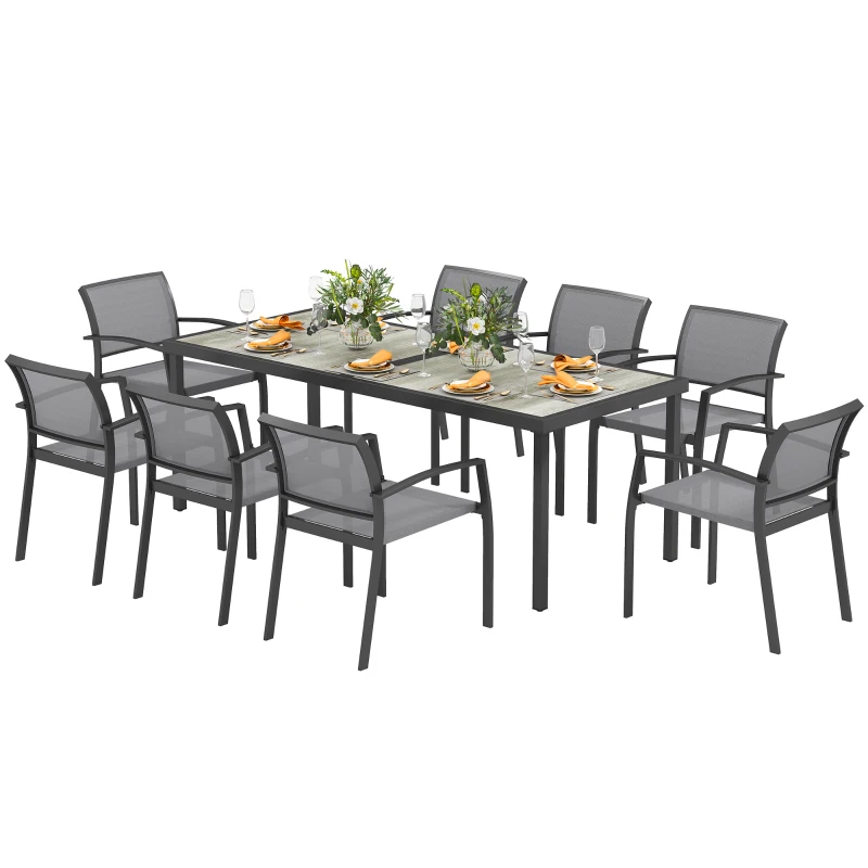 Outsunny Set da Giardino con Tavolo da Pranzo Rettangolare e 8 Sedie Impilabili con Braccioli, Grigio