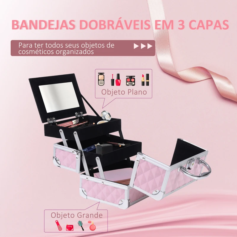 HOMCOM Estojo de Maquilhagem Organizador Cosméticos Profissional 20x15x15cm rosa