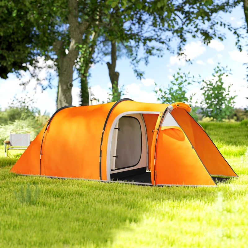 Outsunny 2-3 Man Tunnel Tents w/ Vestibule Camping Tent Porch Air Vents Weather-Resistant Shelter, Orange