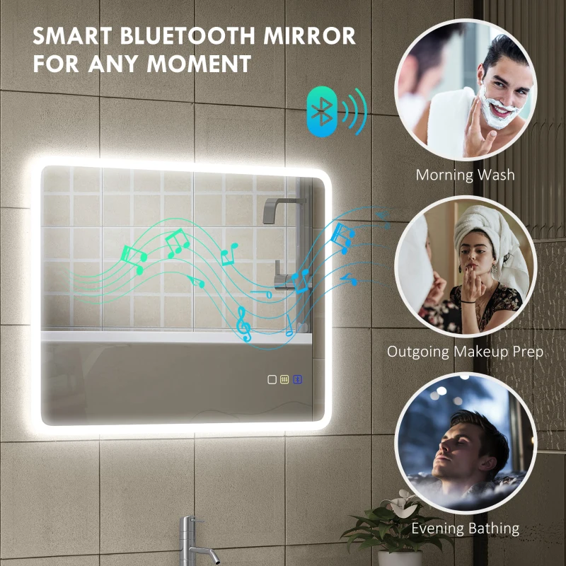 HOMCOM 60 x 80 cm Backlit Illuminated Bathroom Mirror with LED Lights and Bluetooth - Silver Tone