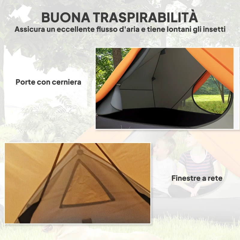 Outsunny Tenda da Campeggio 2 Posti con 2 Vestiboli, 2 Porte, 2 Finestre e Borsa di Trasporto, 2.8x2.25x1.1 cm, Arancione