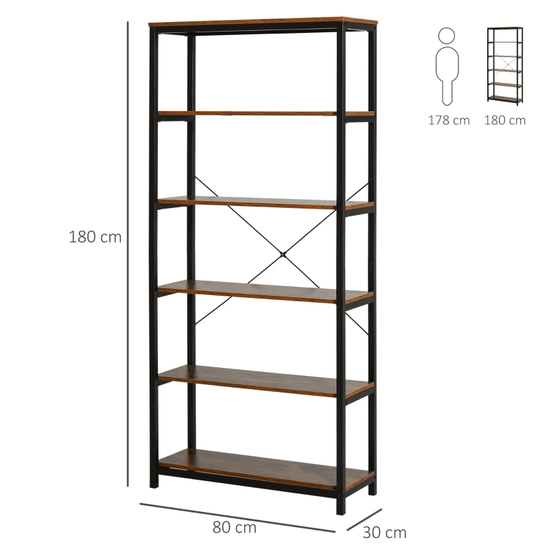 HOMCOM Estante estilo industrial com 6 prateleiras abertas para sala de estar Escritório 80x30x180 cm Castanho Rústico
