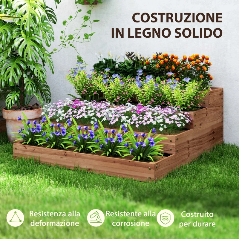 Outsunny Letto per Orto Rialzato a 4 Livelli in Legno di Abete con Fondo Aperto, 113x113x46 cm, Marrone