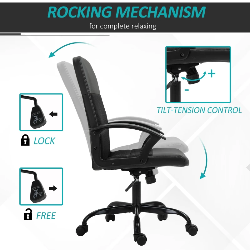 Vinsetto Mesh Office Chair, Faux Leather Desk Chair with Swivel Wheels, Adjustable Height and Tilt Function, Black