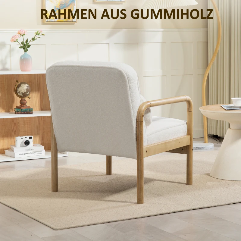 HOMCOM Accentstoel, Gevoerde Stoel met Stoffen Bekleding, Rubberhouten Frame, Moderne Stoel met Kussen, Wit