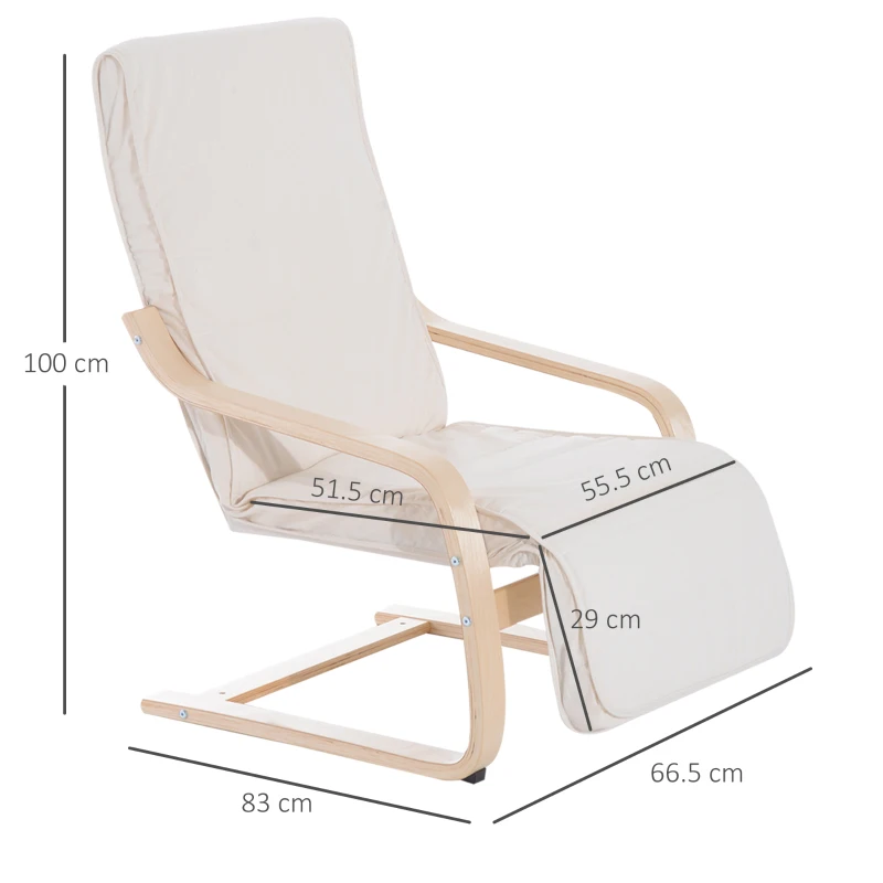 HOMCOM Wooden Armchair, Upholstered Linen Lounge Chair with Adjustable Footrest & Removable Cushion, Poang Chair for Living Room, Cream White