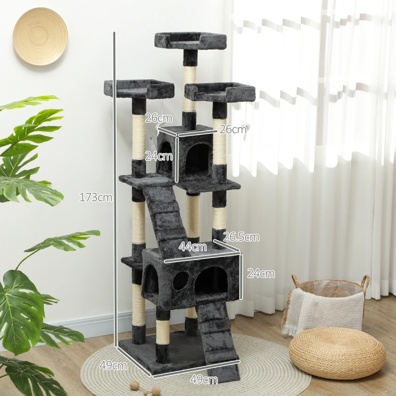 PawHut Arranhador para Gatos Grande 49x49x173 cm com Múltiplos Níveis Cavernas e Brinquedos Suspensos Cinza