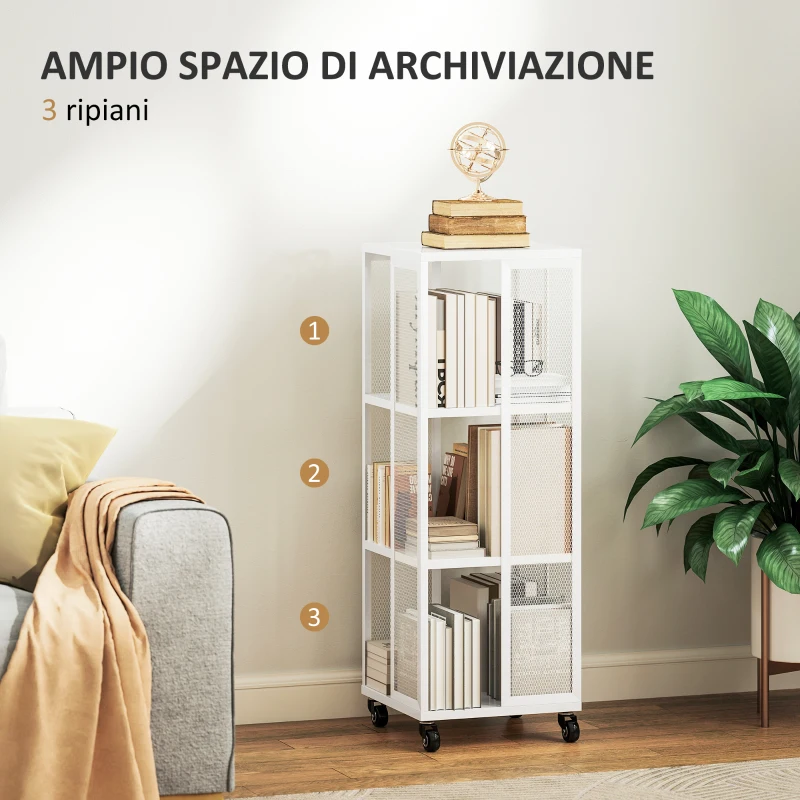 HOMCOM Libreria Moderna a 3 Ripiani in Metallo a Rete con Ruote, 35x35x99 cm, Bianco
