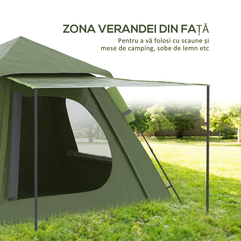 Outsunny Cort de Camping pentru 2-3 persoane cu Verandă, Ferestre și Ușă cu Fermoar, 210x210x150 cm, Verde