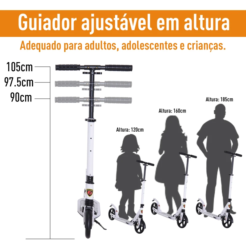 HOMCOM Trotinete dobrável altura ajustável e guiador para adultos e crianças acima de 14 anos com rodas grandes e freio Carga 100kg branco