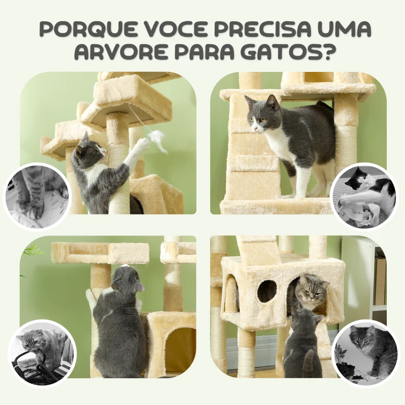 PawHut Árvore Arranhador para Gatos Grande 49x49x173 cm com Múltiplos Níveis Cavernas Brinquedos Suspensos Centro de Atividades de Sisal Bege