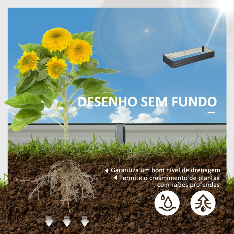 Outsunny Caixa de Plantio de Aço Galvanizado para Cultivar Plantas Flores Ervas com Fundo Aberto 180x90x30 cm / 241x90,5x30 cm Cinzento
