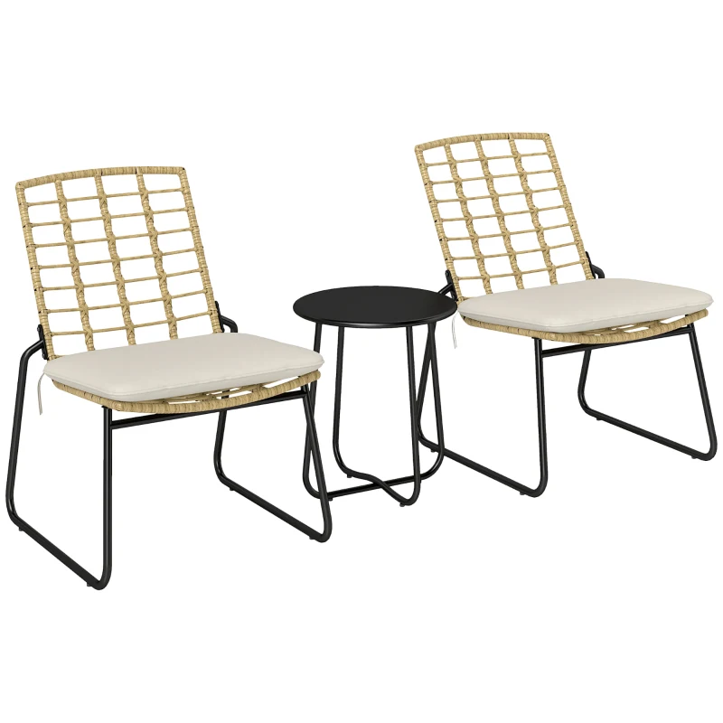 Outsunny 3-teiliges Gartenmöbel-Set, 2 Rattan-Stühle, 1 Tisch mit Metallplatte, Sitzkissen, Bistro-Set, Beige & Braun