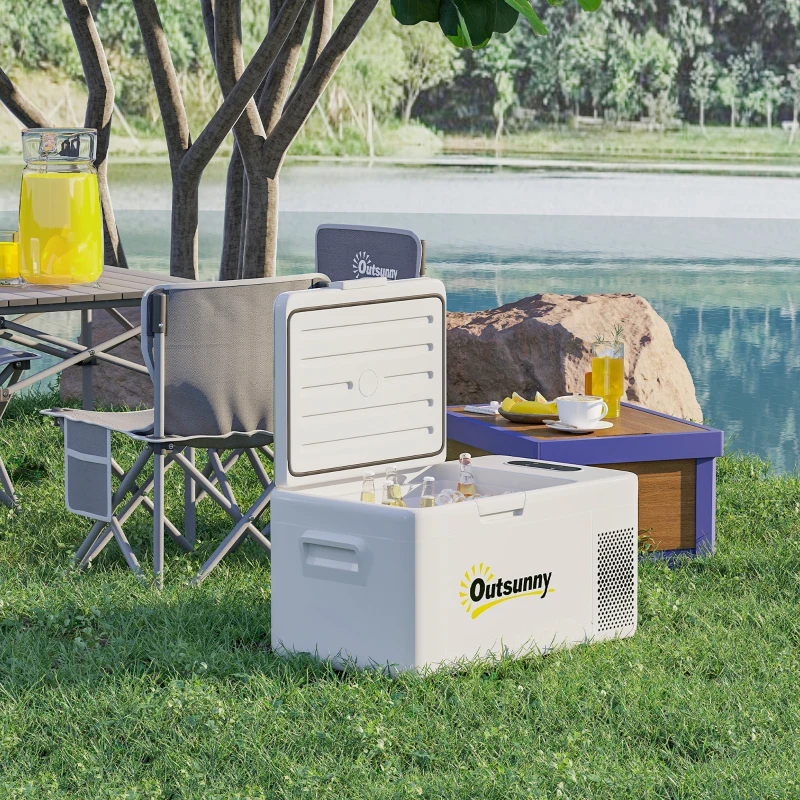 Outsunny 16,8 Liter Camping-Kühlschrank, Autokühlschrank, Kühlbox mit LED-Licht, AC- und DC-Adapter, leiser Betrieb, Cremeweiß(m-9)