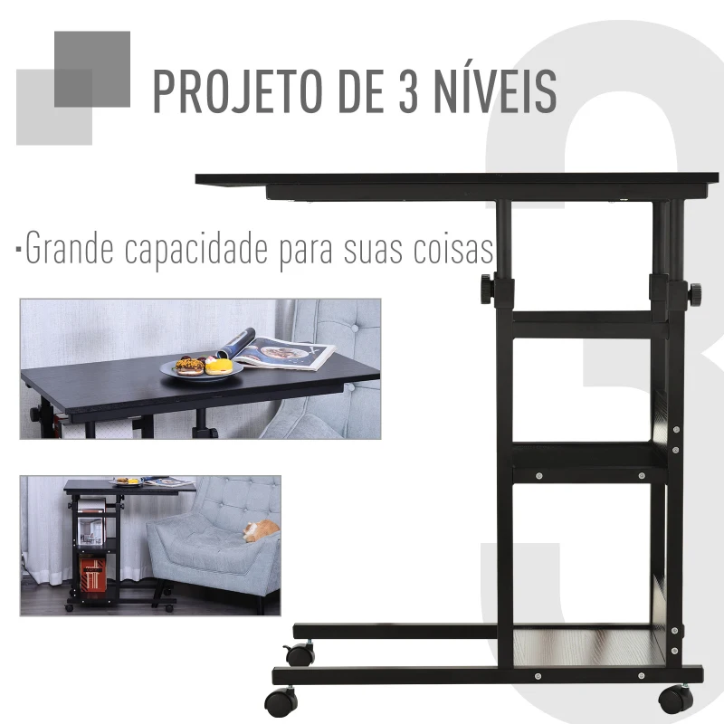 HOMCOM Mesa Lateral para Sofá Mesa lateral em Forma de C com 4 rodas Giratórias Freios Altura Ajustável 3 níveis Estrutura Metálica 80x40x72-82cm Preto